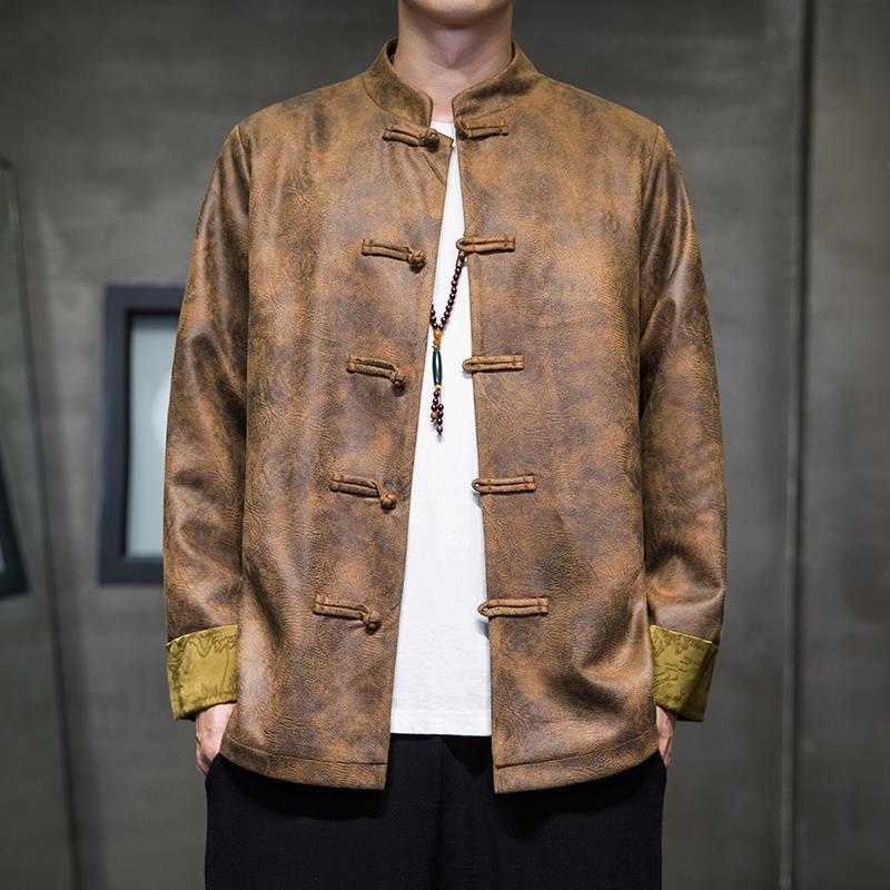Chinese Autumn and Winter Casual Tang Suit Jacket Men's Loose Large Size Dark Pattern Imitation Leather Jacket Top Traditional Retro Cheongsam