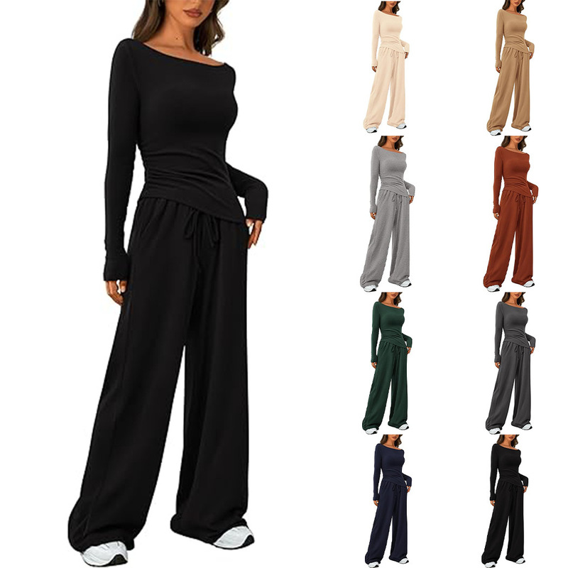 2024 Amazon Autumn Casual suit Asymmetric Long Sleeve T-Shirt Wide Leg Pants Casual Sportswear