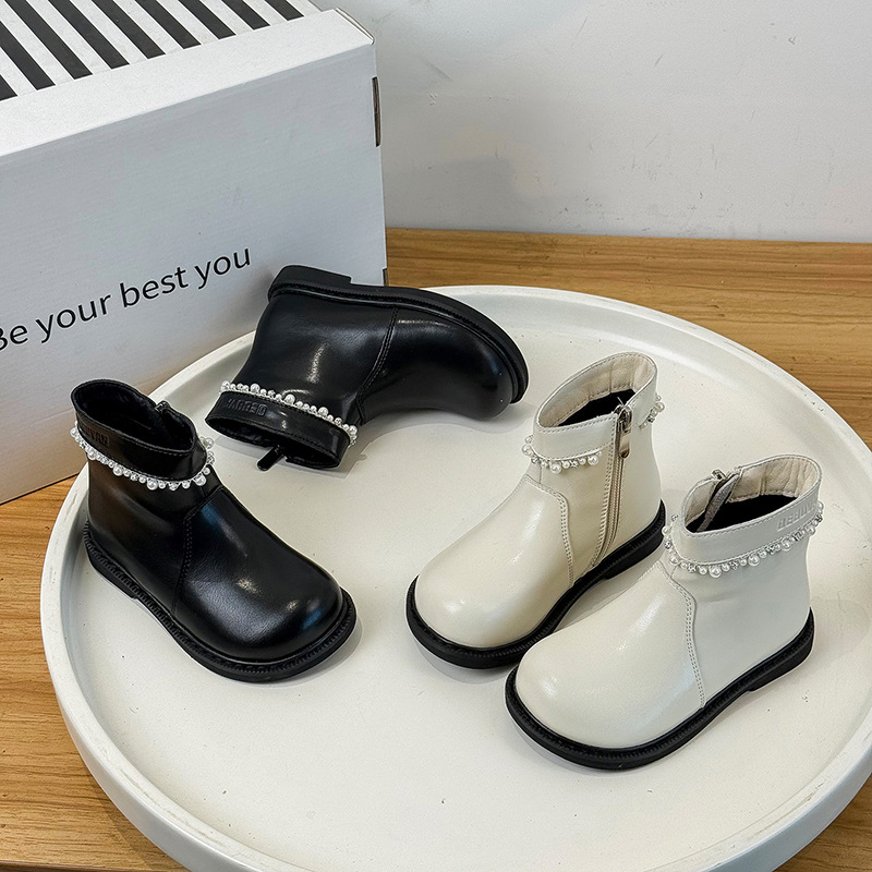2025冬季新款儿童加绒保暖靴韩版女童珍珠短靴中大童女孩马丁靴