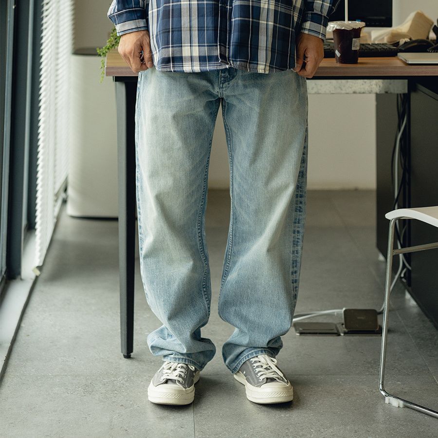 TRS男装|25SS日系复古14OZ赤耳水洗猫须Cleanfit宽松直筒牛仔裤男