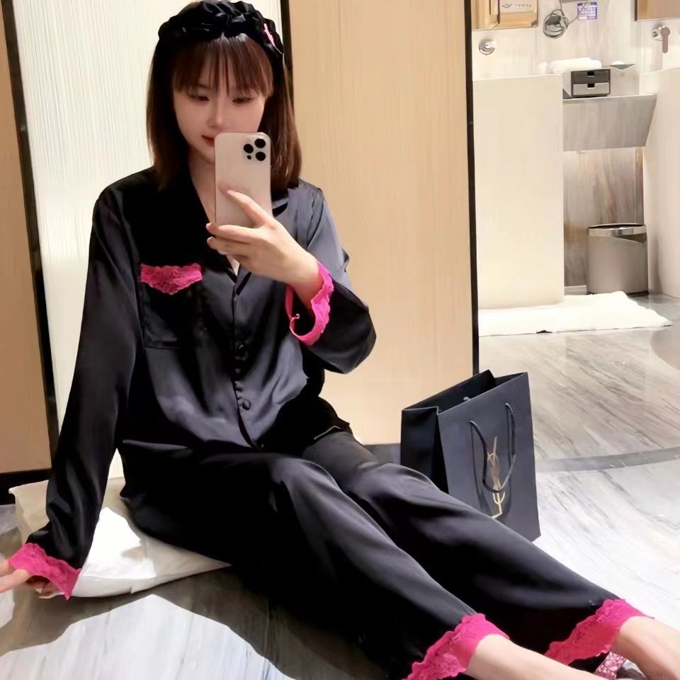 [퍼플 베리] 실크 파자마 여성 블랙 얇은 홈웨어 인 스타일 스티칭 레이스 긴팔 바지 세트