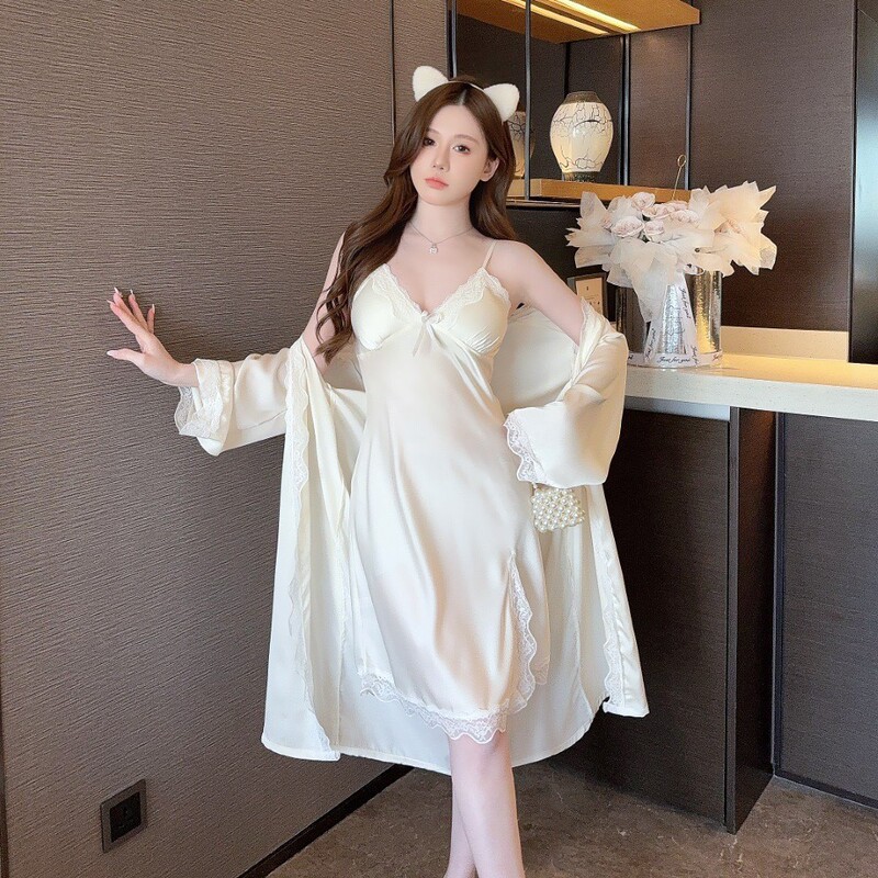 2025 Satin Chiffon Ice Silk Pajamas Women's Summer Thin Sexy Long Suspender Nightgown Long Sleeve Nightgown with Breast Pad