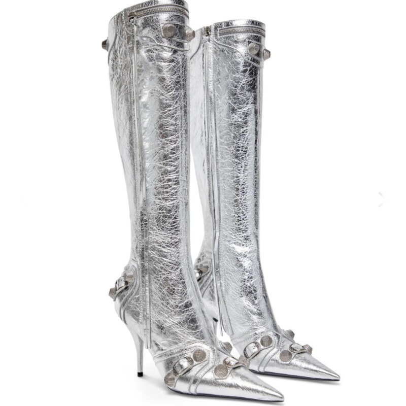 2023 cross-border foreign trade metal pointed stiletto heel ultra-high heel ribbon rivet knee-high boots high heels