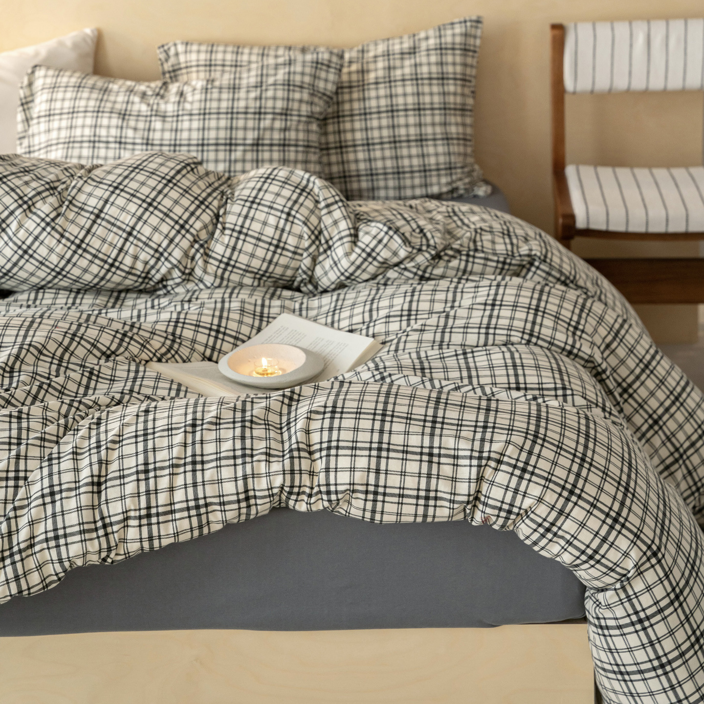 Pure Cotton Jersey Bed Linen Set With Plaid Print Four Piece_voghion.com