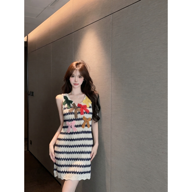 Real Shot~Handmade Crochet Striped Sleeveless Vest Dress, New Summer Style Date Dress