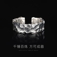 跨境泰银复古男士开口戒指 个性裂纹简约做旧锤纹款指环手饰批发