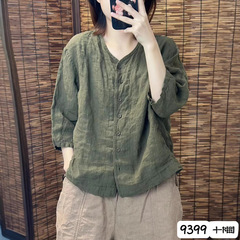 爆発的なランニング量の亜麻シャツの女性vネックの夏のモデルはゆったりしていて、シンプルな大気の高級感のあるカーディガンの上着9399です。