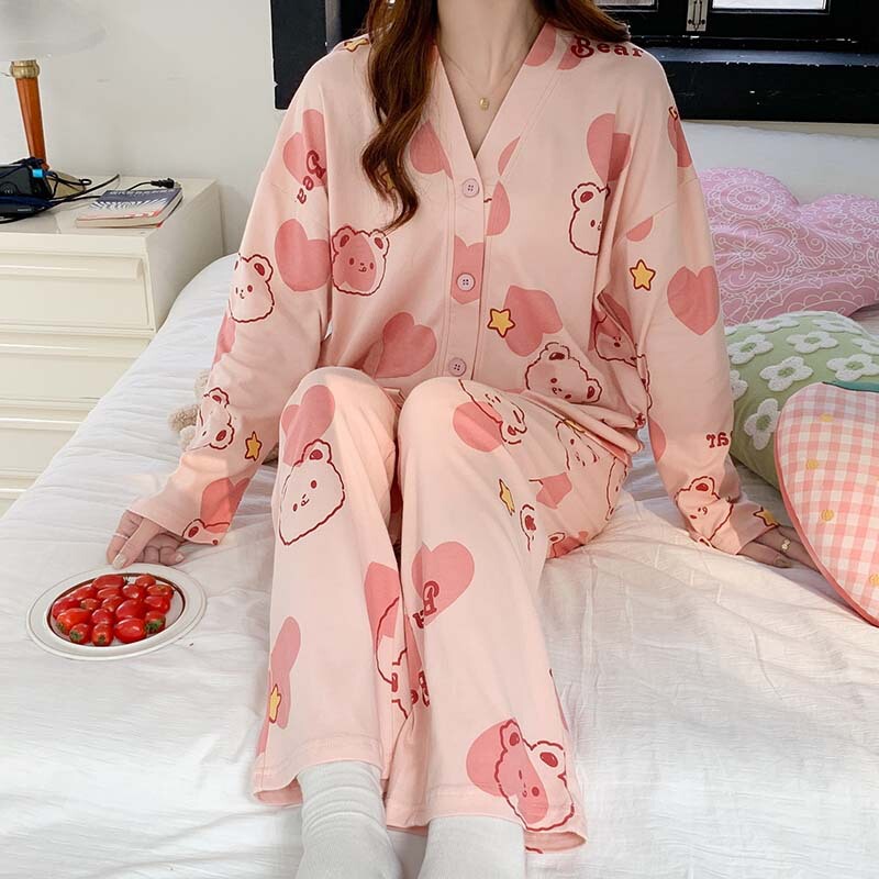 2025年新款家居服少女风开衫长袖长裤套装甜美可爱印花春秋季睡衣|undefined
