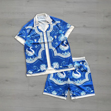 夏季男士衬衫套装夏威夷时尚3D印花休闲短袖短裤2件套跨境外贸