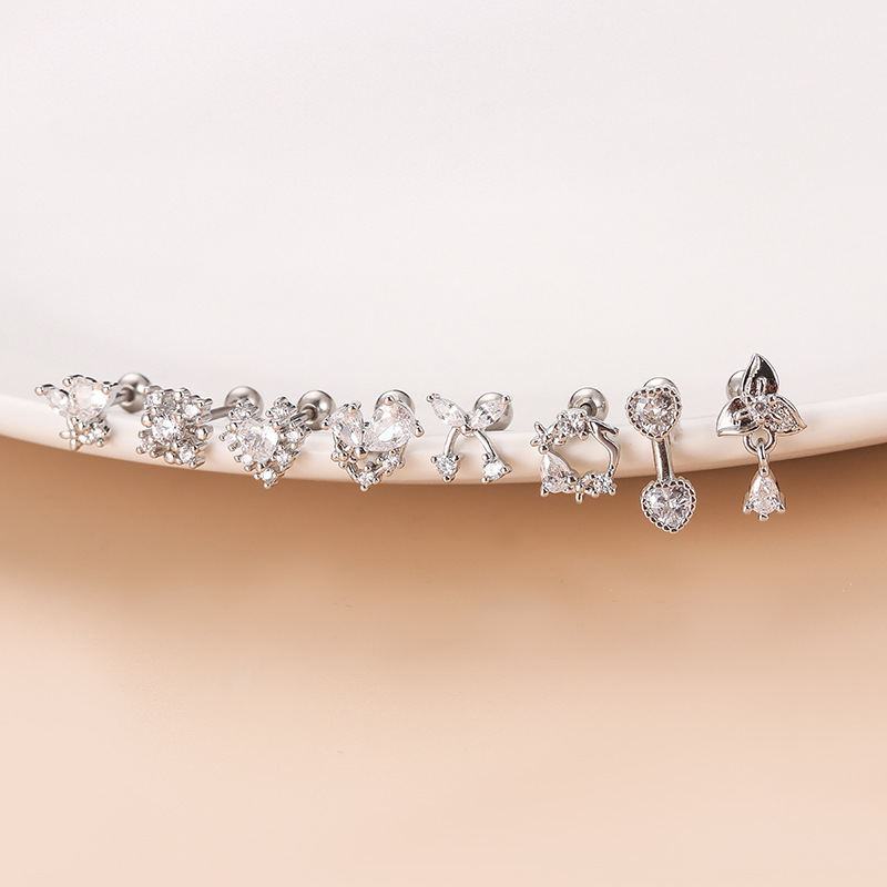 Sweet Heart Shape Bow Knot Stainless Steel Plating Zircon Ear Studs 1 Piece