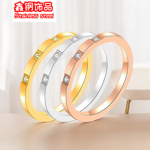 Hot selling 2MM three-diamond finely carved diamond-set titanium steel ring that does not fade ins style light luxury niche vegetarian ring index finger
