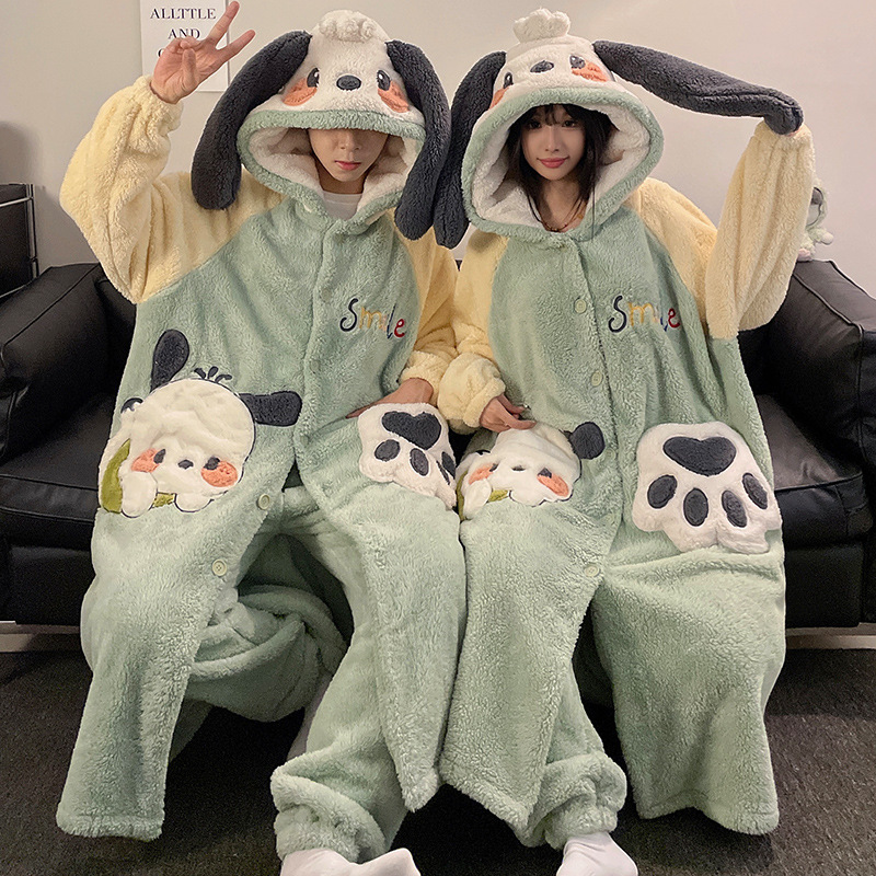 Couple Pajamas Women's Winter Thickened Warm Coral Fleece Men's and Women's Pajamas Set Hooded Cute Cartoon Home Clothes
