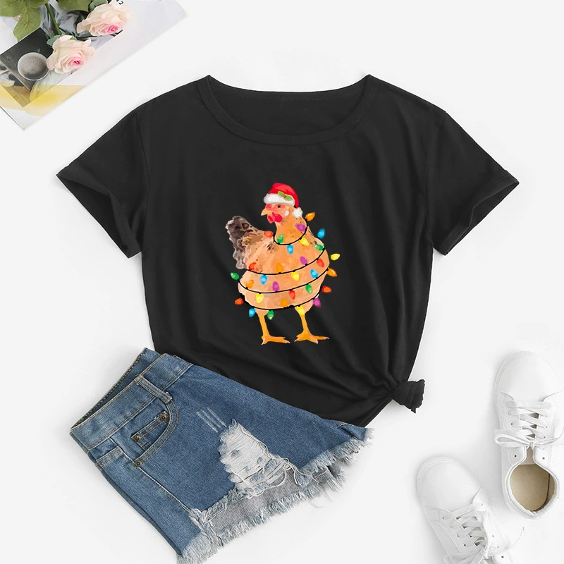 Футболка для внешней торговли рождественская курица с цветным принтом с короткими рукавами топ AliExpress одежда трансграничный источник Амазонка