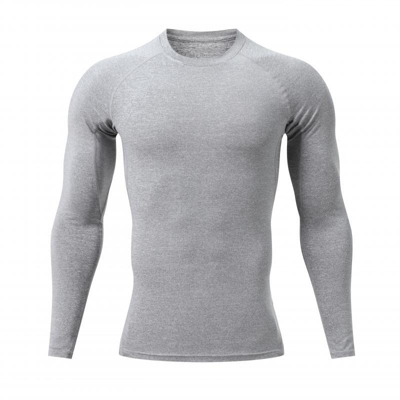Men's Long-Sleeve Sports Quick-Dry Breathable Fitness Training Shirt Seamless Elastic Crew Neck Top Gray Tight-Fitting Shirt