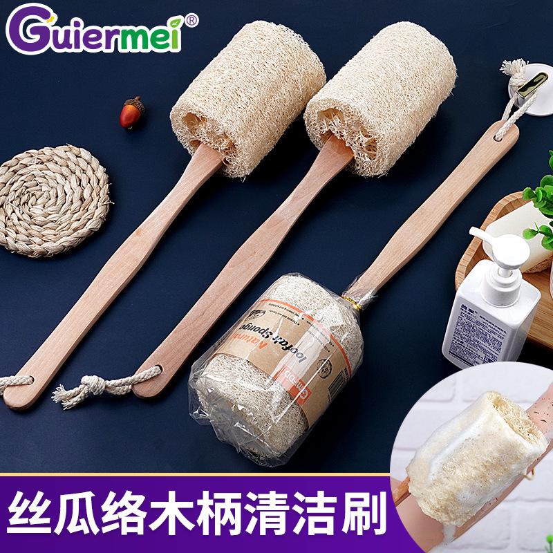 Long Wooden Handle Luffa Bath Brush Bath Brush Luffa Pulp Rubbing Bath Towel Bathroom Supplies Cleaning Pool Bath Brush