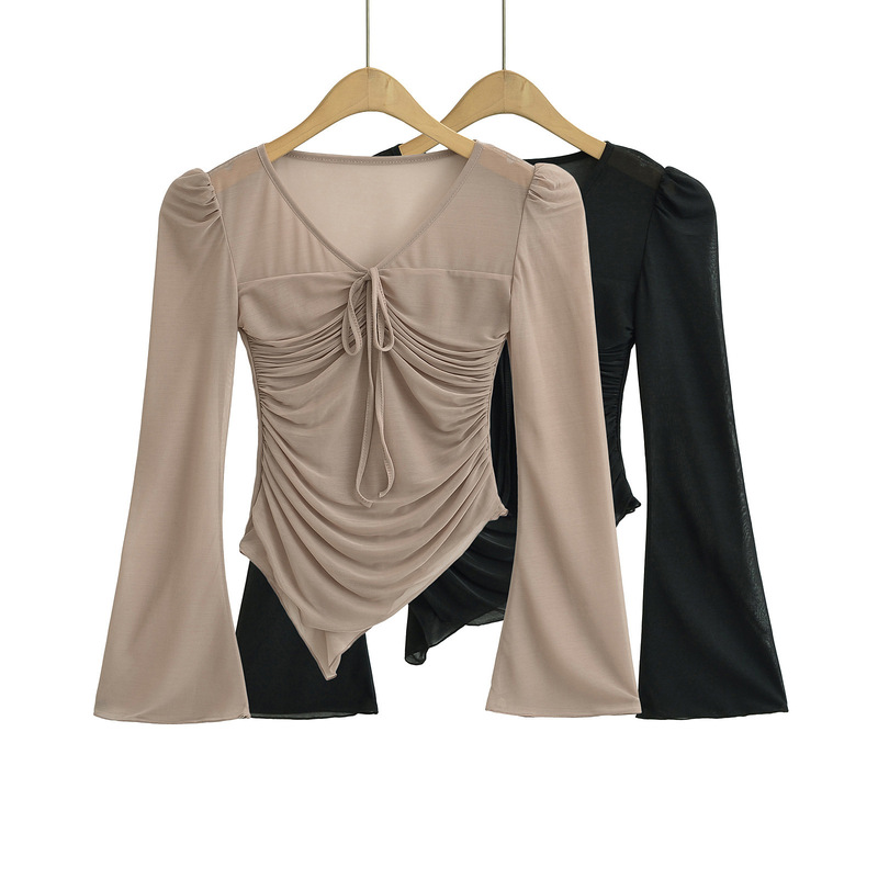 Pure Desire Hot Girl Style Sexy V-Neck Ruched Tie-Up Top Women's 2024 Summer New Irregular Slim Long Sleeve T-Shirt