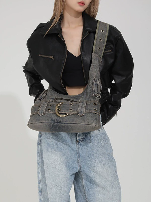 Denim Underarm One-Shoulder Bag, Spacious Washed Blue, Adjustable Strap