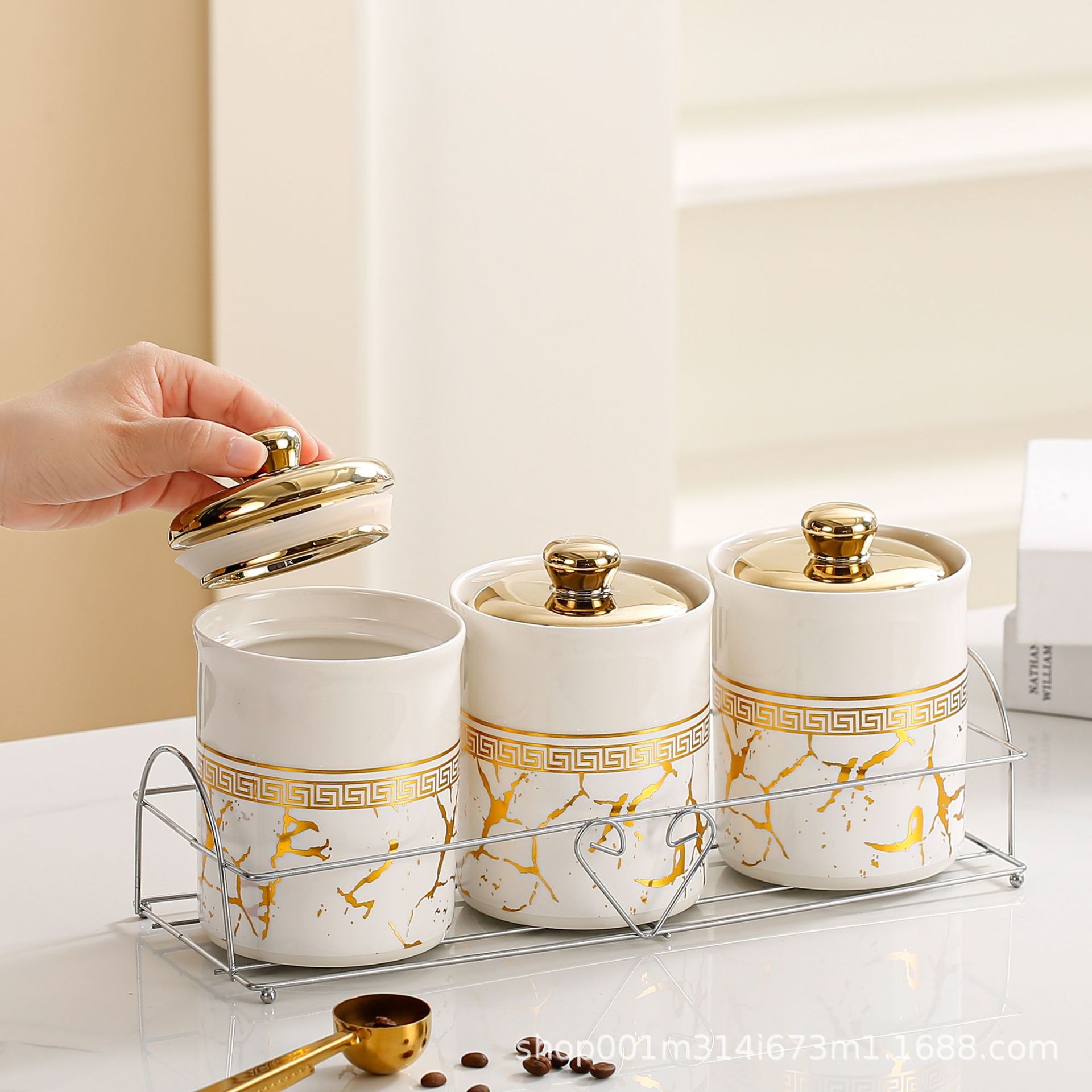 Tanque de sellado de cerámica exportado transfronterizo tanque de almacenamiento cubierta de madera tanque de almacenamiento de té de cocina condimento lata de café set