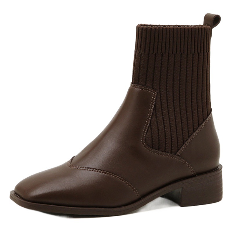2023 otoño e invierno nuevas botas Martin estilo británico de las mujeres de punto calcetines elásticos botas marrón retro cuadrado dedo del pie grueso talón botines delgados