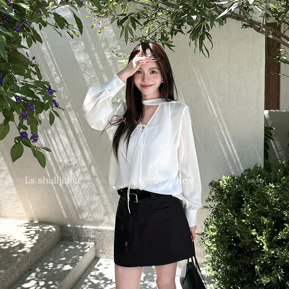 LS 优雅气质v领通勤衬衫广州十三行2026早秋新款女装上衣女23653#