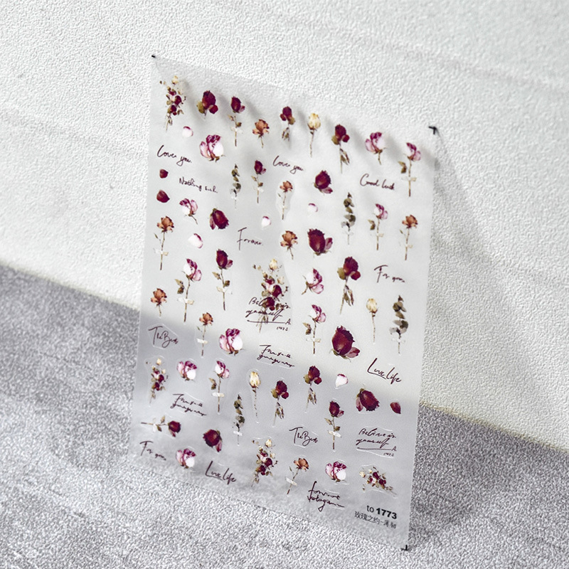 Tomoni ultra-delgada caliente lindo pegatina de uñas acuarela Rosa flor seca floración Rosa seca semi-transparente