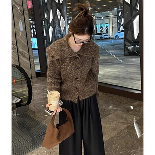 美拉德穿搭咖色软糯大翻领开衫毛衣外套女秋冬外穿加厚针织衫上衣
