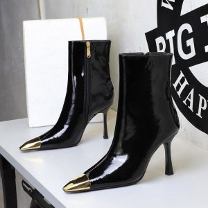 1763-1 European and American style fashion sexy metal pointed patent leather fashion boots women's side zipper high