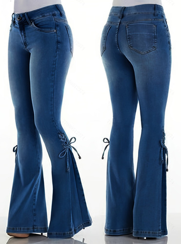Women's European Style Mid-Waist Belted Denim Long Pants Stretch Denim Women's Bell Bottom Pants