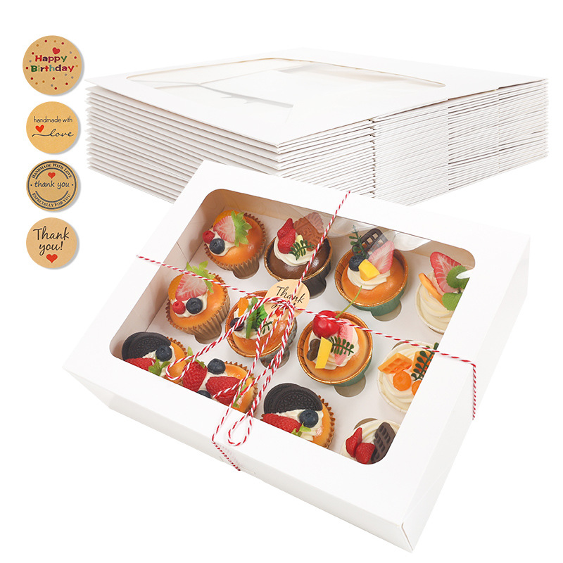 Caja de pastel de taza de papel personalizada de 12 piezas Caja de postre de cartón blanco plegable gratuita Caja de embalaje de caja de galletas de comercio exterior transfronterizo personalizada