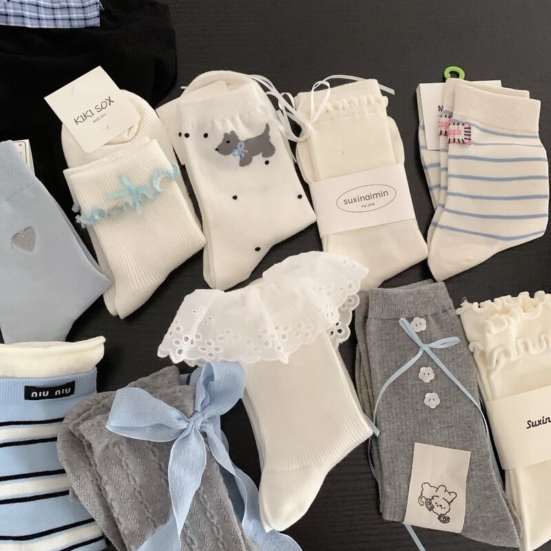 Spring and Summer Lace Large Lace Socks Women's Mid-length Socks Korean Ins Same Style Solid Color Sweet Lolita Stacked Socks Women's Socks