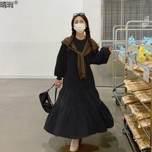 春秋薄款长袖连衣裙2-300斤大码胖MM宽松垂感荷叶边A字卫衣长裙