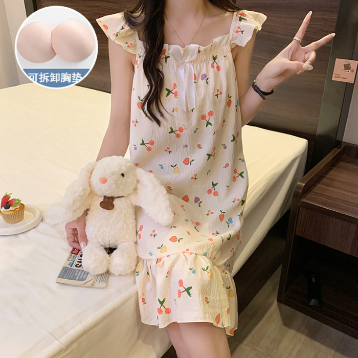2024 con cojín de pecho ropa para el hogar nubes de verano algodón princesa pijama de viento delgado dulce y sexy vestido de pijama de la niña