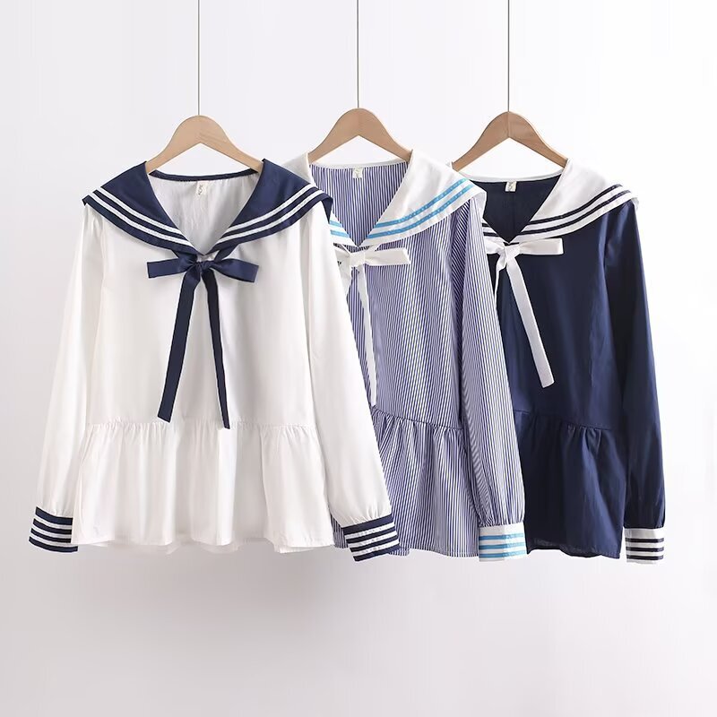 Japanese Style Mori Girl Navy Collar Bow Tie Loose Women's Pullover Long Sleeve Shirt Wholesale Japanese Style Mori Girl Navy Collar Bow Tie Loose Women's Pullover Long Sleeve Shirt Wholesale