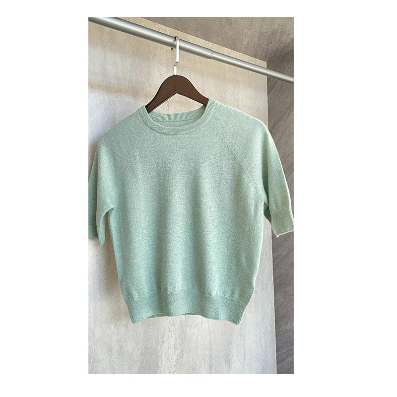 Italian spring and summer cashmere half-sleeved women's round neck basic knitted cashmere short-sleeved pullover