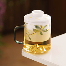 工厂手绘金桂送福玻璃茶杯茶水分离杯中式简约带盖马克杯喝水杯子