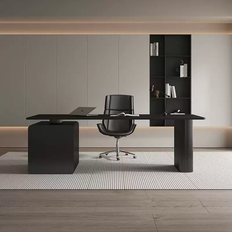 极简岩板办公桌现代家用书桌现代轻奢高级感黑色带抽屉老板电脑桌
