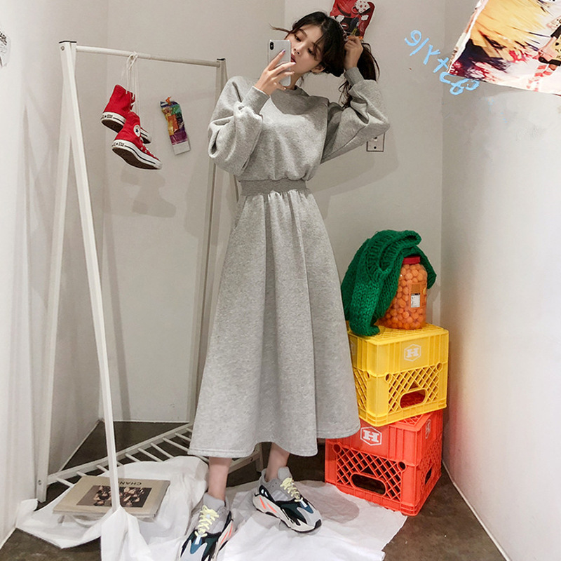 Autumn and Winter New Korean Style All-match Elegant Tight Waist Slimming Large Swing Thin Casual Mid-length Sweatshirt Dress Women's Trendy
