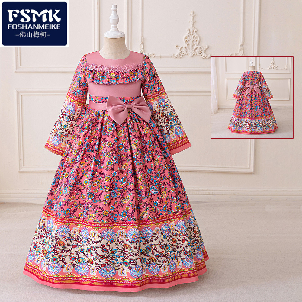 Vestido de noche para niños con flores retrógradas impresión de mangas largas arco de palacio vestido largo de piano para niñas