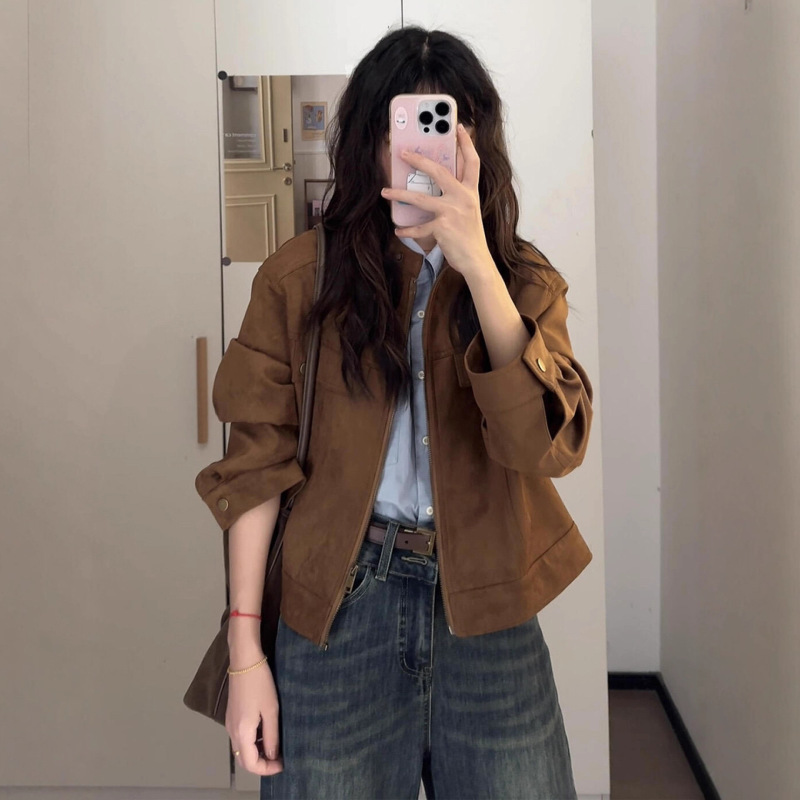 Vintage Brown Jacket for Women, Spring and Autumn 2025 New Early Fall Korean Style Short Coat for Petite Figures