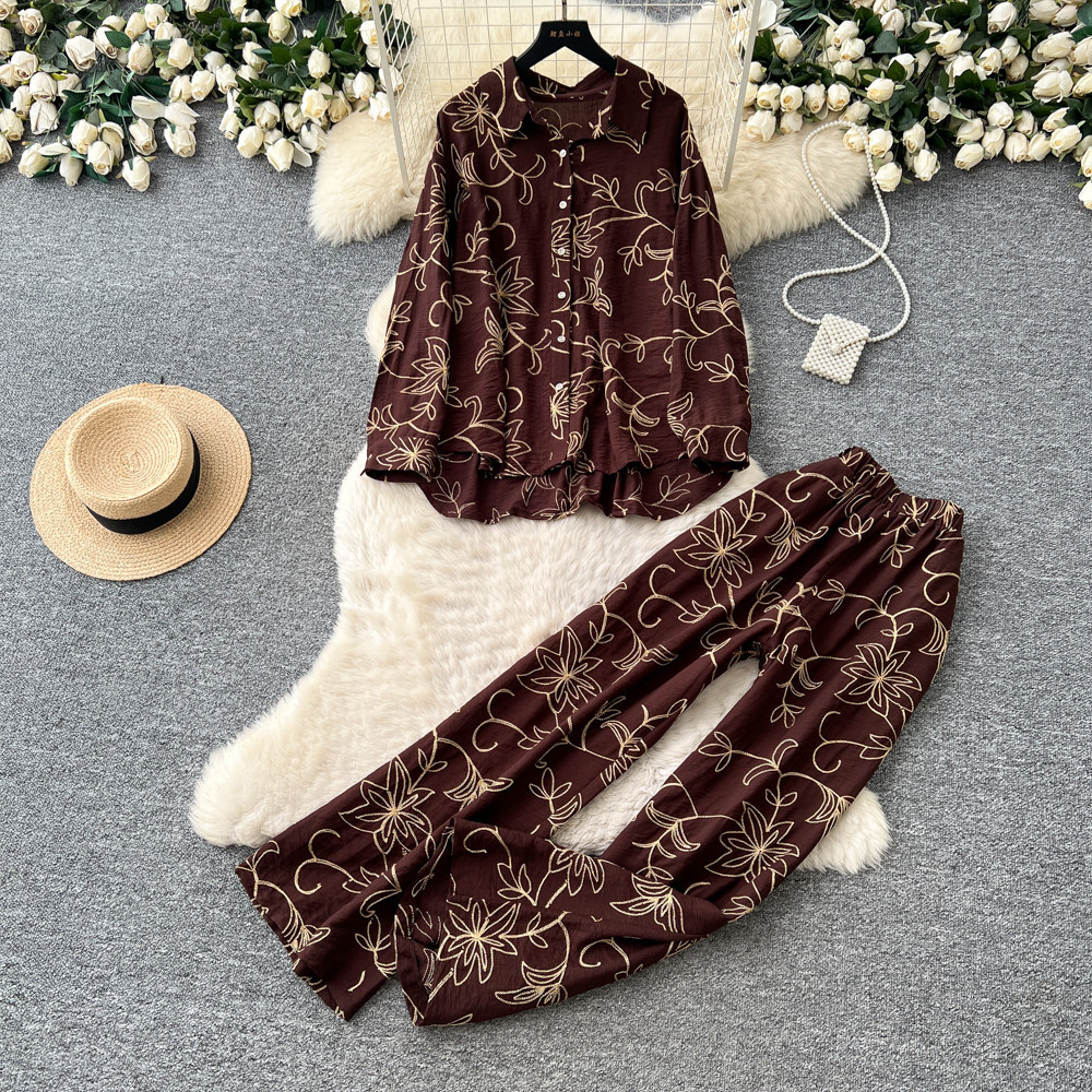 Women's Leaf Embroidery Two Piece Set Cardigan And Wide Leg Pants Slimming Versatile Autumn 2026 Commuting Clothing_ecoleips.com