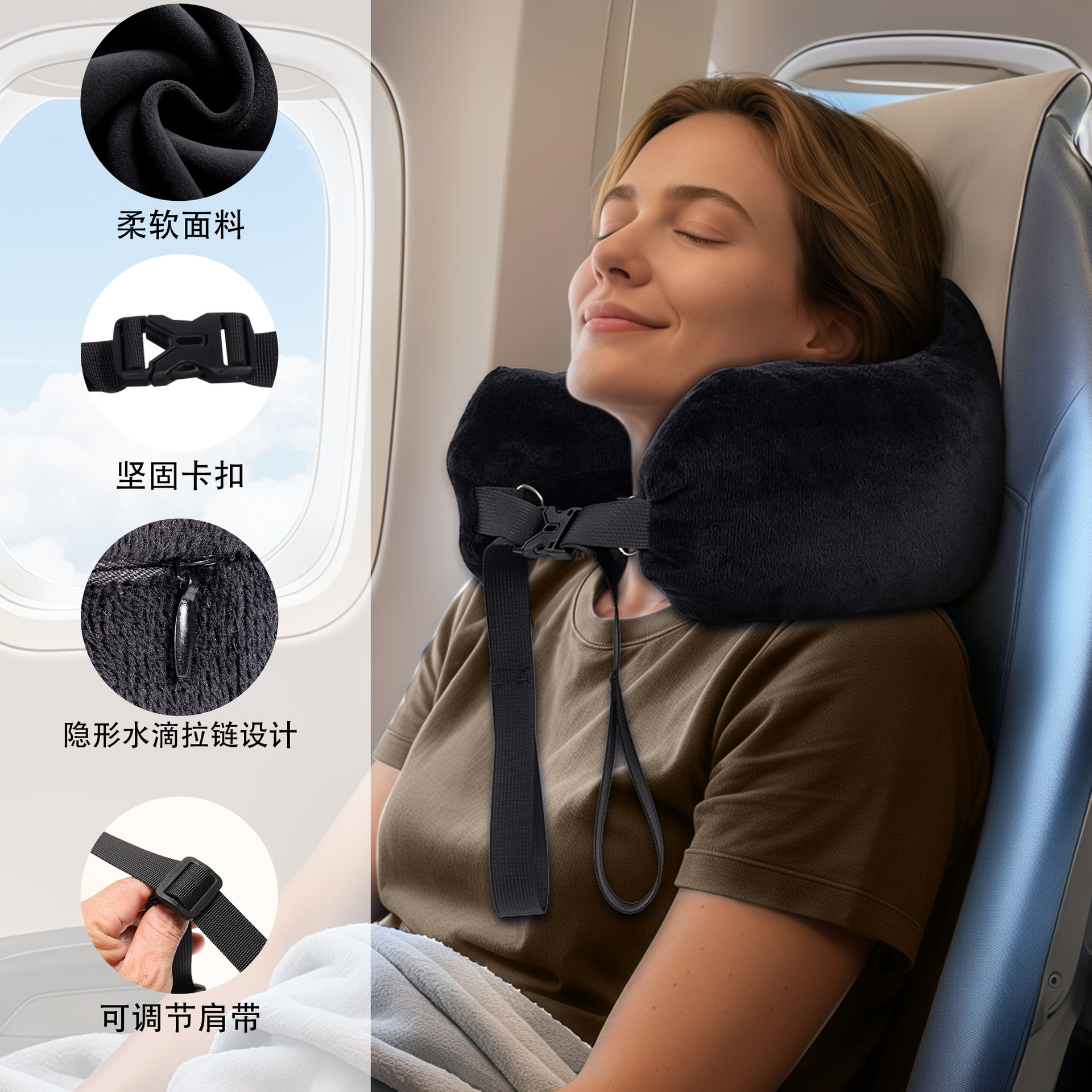 Explosión transfronteriza ajustable tamaño de cuello almacenamiento almohada de viaje con anillo de tracción de mano propio portátil en forma de U funda de almohada