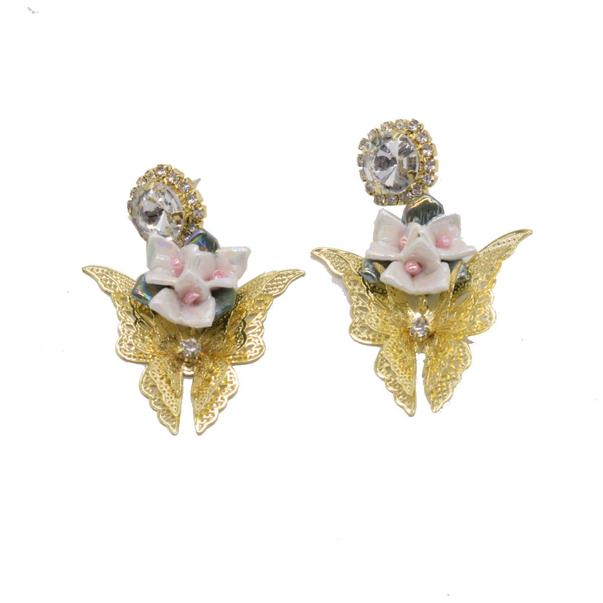 Boucles D&#39;oreilles Rétro En Métal Avec Papillon Creux Et Fleur De Diamant display picture 5