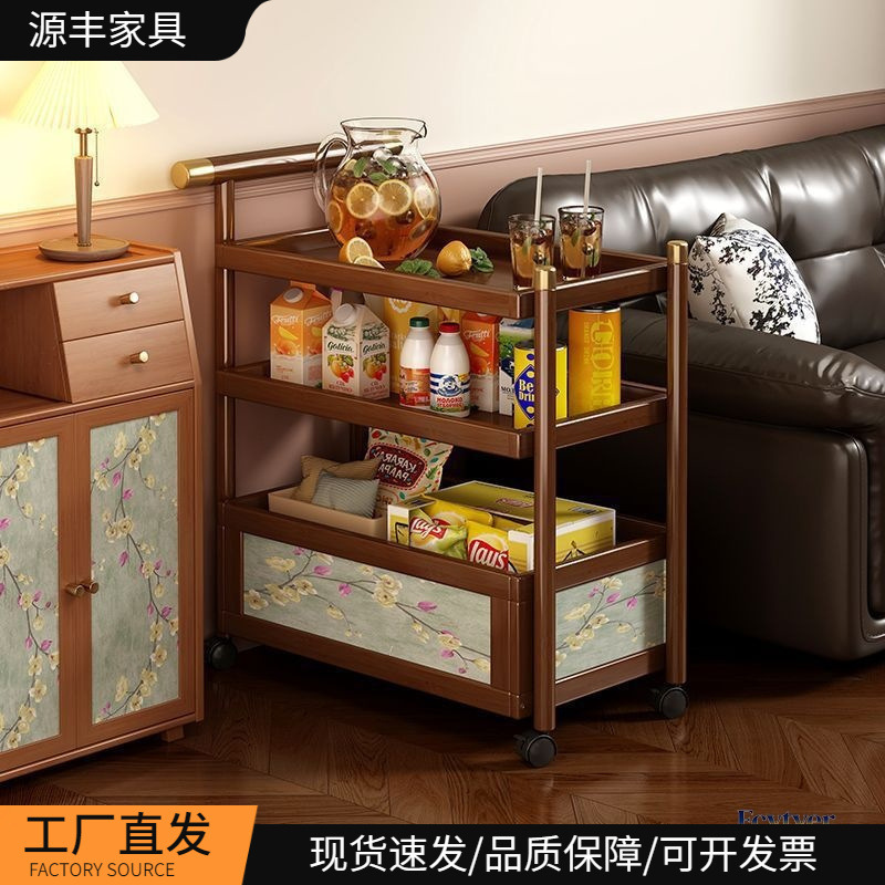 Retro Trolley Coffee Table, Movable Storage Rack, Living Room Sofa Side Table, Side Cabinet, Multi-Layer Snack Storage Rack