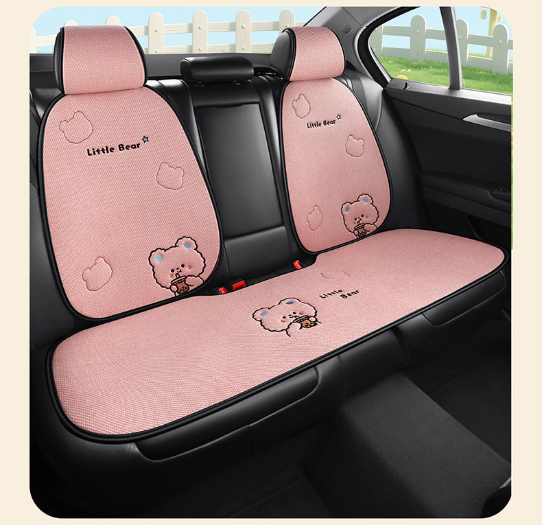 X009 Pure Hemp Milk Tea Little Bear Car Seat Cushion Universal Four Seasons Car Seat Pad Cute Cartoon Seat Cover Interior Accessories