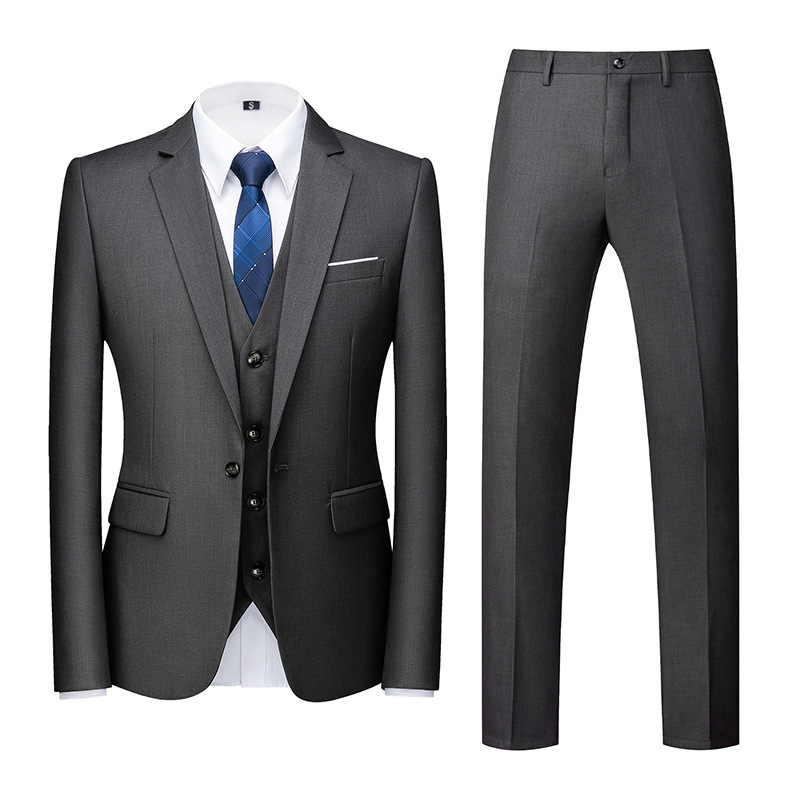 2026 Special Offer Foreign Trade Cross-Border New Korean Style Suit Set for Wedding, One-Button Three-Piece Set, 3D Pattern, Dark Gray
