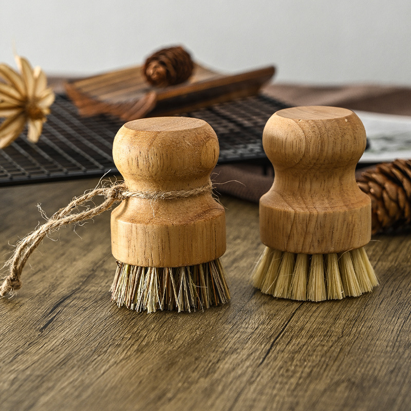 Solid Wood Pot Washing Artifact Dishwashing Pot Natural Wood Brush Sisal Home Kitchen Short Handle Coconut Palm Cleaning and Decontamination Brush