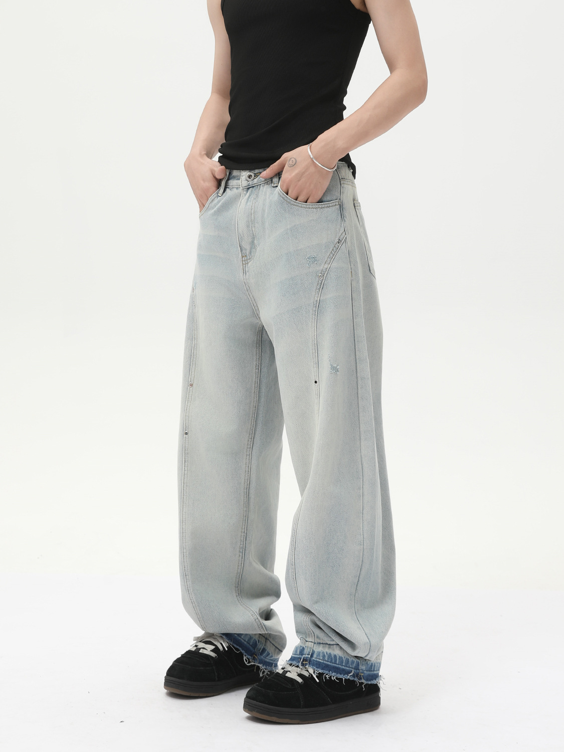 MTLCLOTHES Ropa de hombre | Vaqueros de pierna ancha de color claro con sentido de diseño de nicho, pantalones de cimitarra rectos sueltos y delgados, de moda