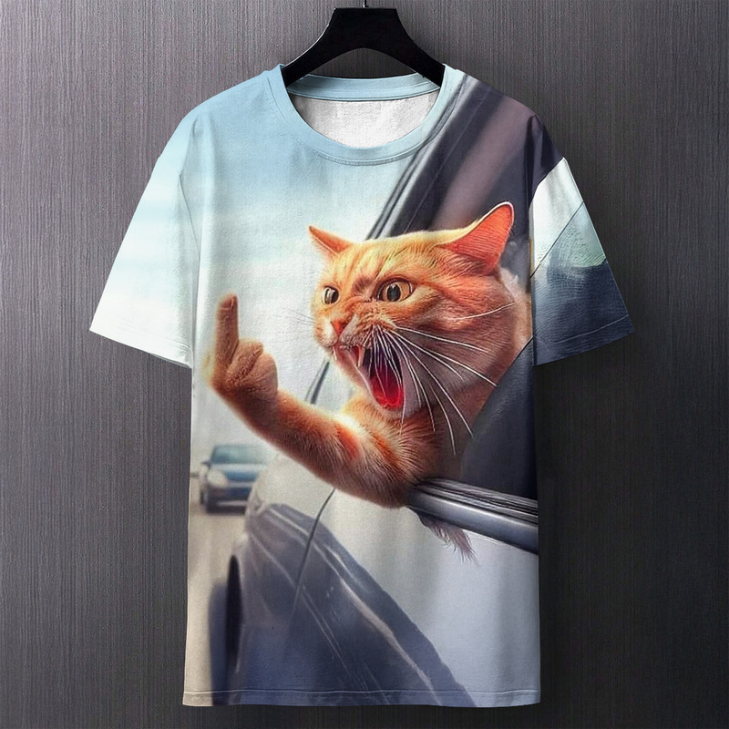 Men's Round Neck Short-Sleeved Foreign Trade Hot-Selling Amazon New Style Angry Cat Creative Digital Print T-Shirt