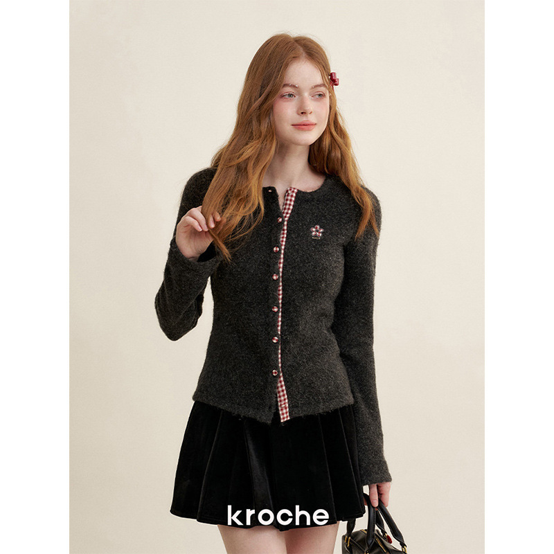 Cashmere Patchwork Plaid Slim-Fit Crew Neck Knit Cardigan Top Cashmere Patchwork Plaid Slim-Fit Crew Neck Knit Cardigan Top