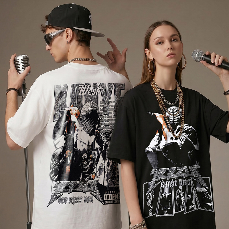 Cross-border American-style Hip-hop Kanye West Double-sided Printed Washed Short-sleeved T-shirt Loose Hooded Sweat for Men